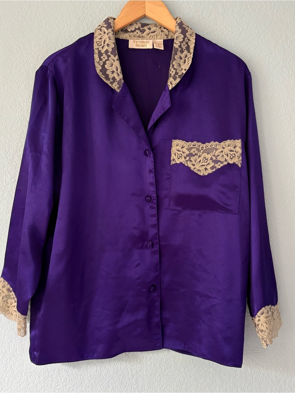 Vintage Gold Label Victoria’s Secret Purple Satin PJ Top Lace Trim Button